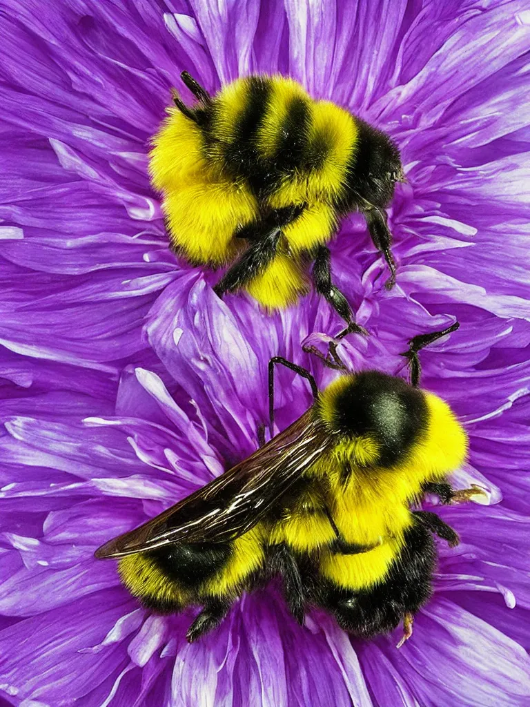 Image similar to bumble bee flying through glowing ring landing on a purple dahlia, hyper-detailed, digital art, artist Bev Dolittle