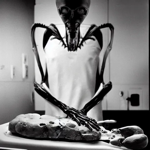 Image similar to the autopsy of an alien, black and white photo, 8 k