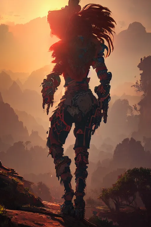 Image similar to combination suit armor aloy horizon forbidden west horizon zero dawn radiating a glowing aura global illumination ray tracing hdr fanart arstation by ian pesty and alena aenami artworks in 4 k tribal robot ninja mask helmet backpack