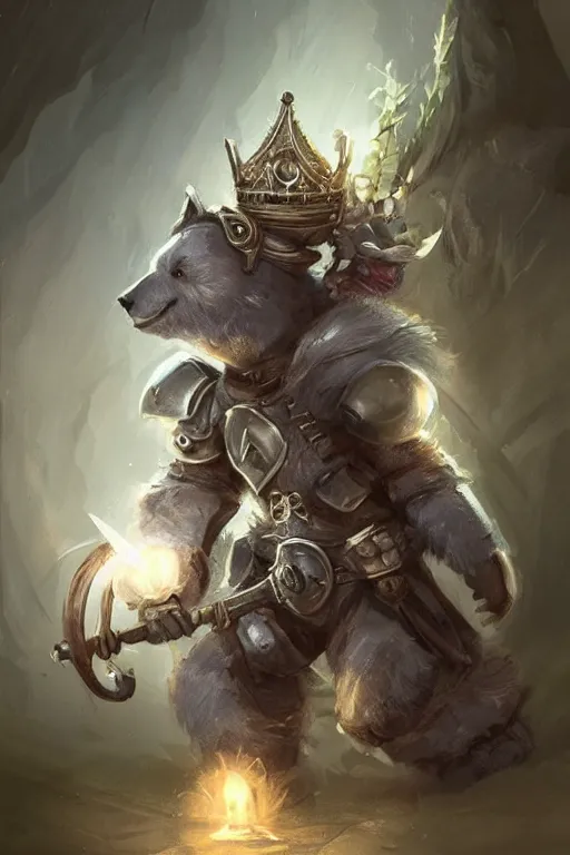 Image similar to cute little anthropomorphic bear knight wearing a cape and a crown, tiny, small, miniature bear, baby animal, short, pale blue armor, cute and adorable, pretty, beautiful, DnD character art portrait, matte fantasy painting, DeviantArt Artstation, by Jason Felix by Steve Argyle by Tyler Jacobson by Peter Mohrbacher, cinematic lighting