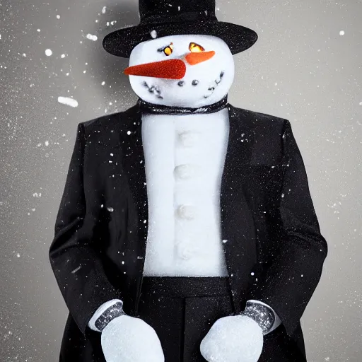 Image similar to a highly detailed humanoid snowman in business black suit with black eyes and mouth, no nose, hyperrealism, professional, octane render, full length, digital art