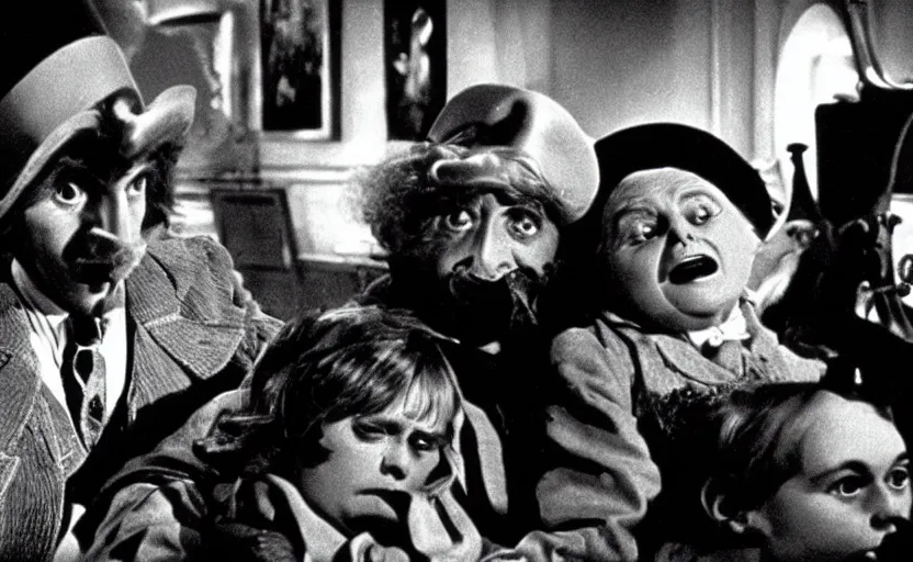 Image similar to Willy Wonka and the Chocolate Factory, still from an old surrealist black and white movie directed by Jan Svankmajer, Béla Tarr, Ingrid Bergman and Robert Wiene. Dark background, dramatic lighting, detailed, cinematic