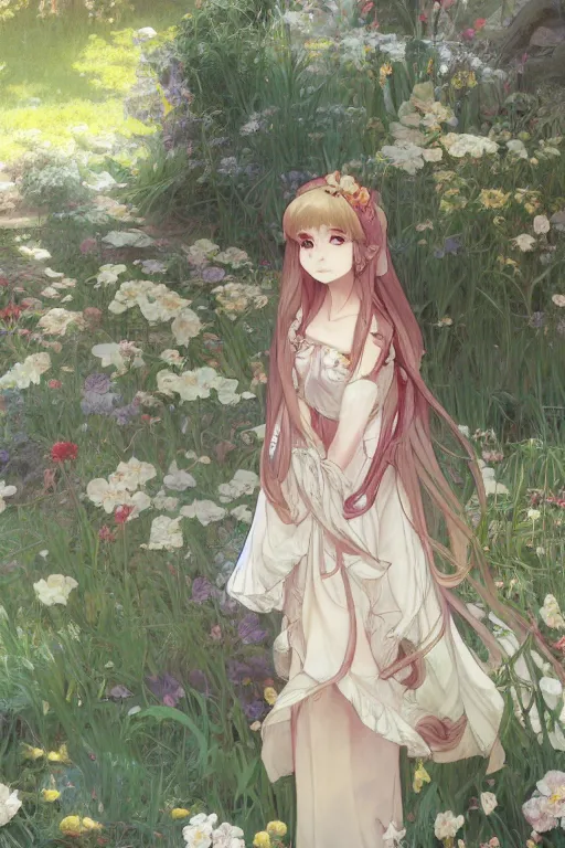 Prompt: a digital art of a loli with long hair in a dress in the privet garden at after noon, by krenz cushart and mucha and akihito yoshida and greg rutkowski and makoto shinkai, detailed eyes, 4 k resolution 、 trending on art station