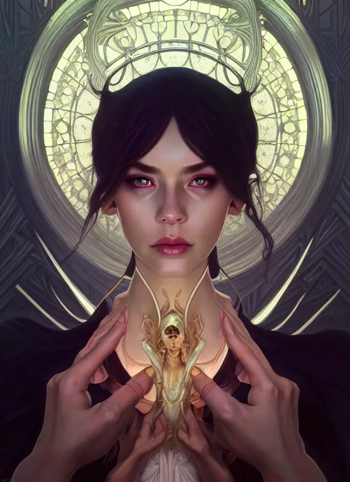 Image similar to symmetry!! portrait of pandora, dark fantasy, intricate, elegant, highly detailed, my rendition, digital painting, artstation, concept art, smooth, sharp focus, illustration, art by artgerm and greg rutkowski and alphonse mucha and huang guangjian and android jones and sachin teng