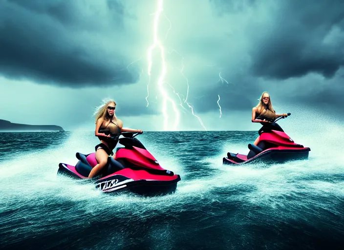 Prompt: dramatic photo of viking women riding jet skis!!, wearing skin - tight futuristic valkerie bikinis, holding huge laser swords, rough seas in background, lightning storms, water world, mad max, hyper - realistic, highly detailed, accurate, 8 k octane render, 2 8 mm, wide angle, rule of thirds