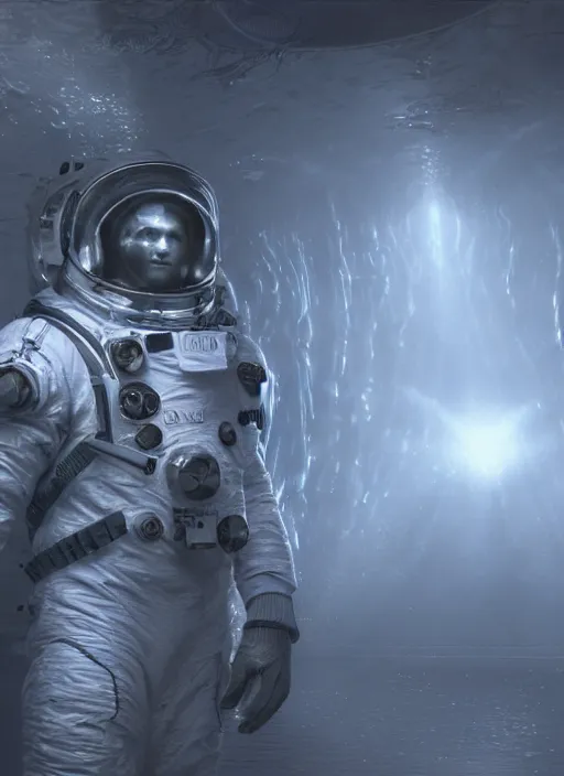 Image similar to concept art by craig mullins astronaut in futuristic dark and empty spaceship underwater. infrared glowing lights. complex and hyperdetailed technical suit. reflection and dispersion materials. rays and dispersion of light. volumetric light. 5 0 mm, f / 3 2. noise film photo. flash photography. unreal engine 4, octane render. interstellar movie art