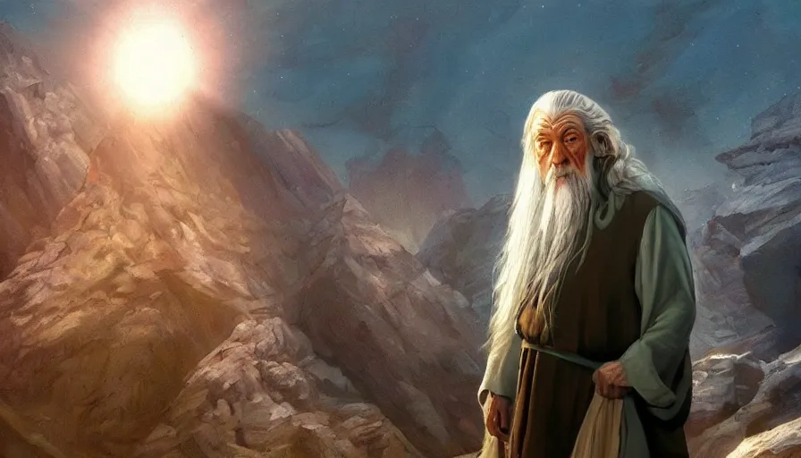 Image similar to a beautiful painting of gandalf on an alien world, ray traced lighting by jean claude mezieres