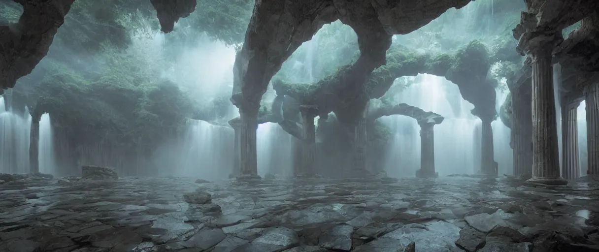 Image similar to a fantasy elven hall interior in the style of a waterfall cave, huge Greek columns, wet floors, high ceiling, dark moody lighting, foggy atmosphere, bright colors, photo by Denis Villeneuve, low angle view