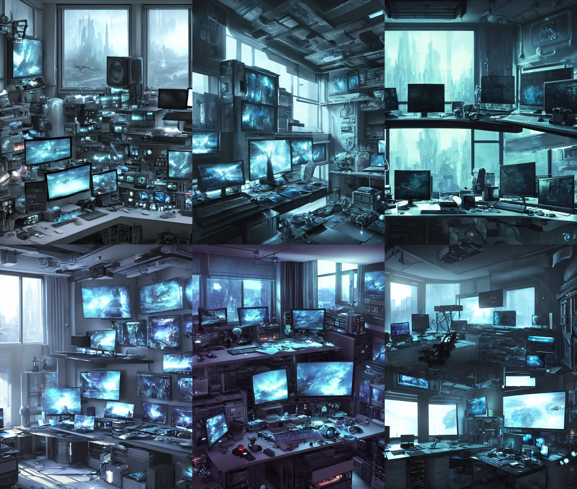 Prompt: artstation scifi scene of a complex computer workstation in a small studio apartment room, many monitors, many electronics, a window view, very detailed, maximalism, ambient occlusion, volumetric light, sun beam, atmospheric haze, fine details, unreal engine, hyperrealism, realistic shading, cinematic composition, blender render, detailed textures, photorealistic, wide shot