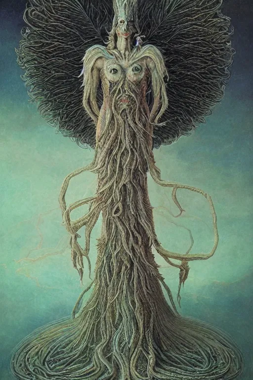 Image similar to cosmic horror eldritch lovecraftian full body portrait of eva green as the emerald queen of feathers by wayne barlowe, agostino arrivabene, denis forkas