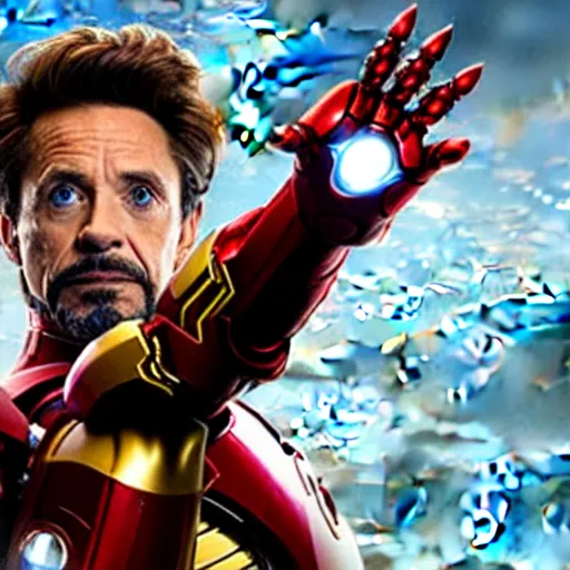 Prompt: william dafoe as iron man with the infinity gauntlet, cinematic