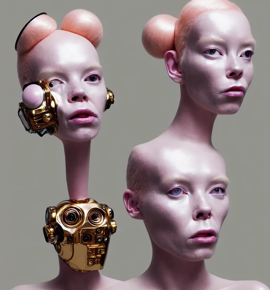 Image similar to portrait of a alien futuristic cyborg wearing a gold pipes fitted beauty mask and pink hair buns, wearing a black bodysuit by alexander mcqueen, cream white background, soft diffused light, biotechnology, humanoid robot, perfectly symmetric, bjork aesthetic, translucent, by rineke dijkstra, intricate details, highly detailed, masterpiece,