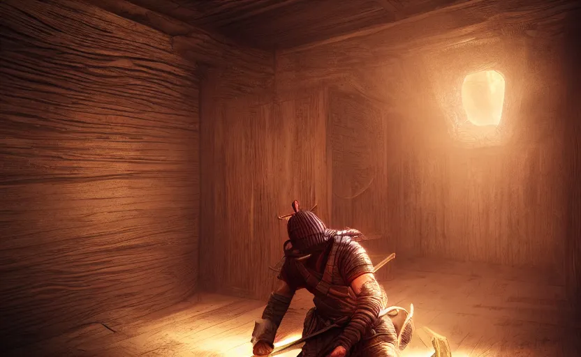 Image similar to highly detailed 3 d render of shinobi warrior hiding in the shadow, barely visible, shiny eyes in wooden hideout, cinematic lighting, photobash, raytracing, high contrast