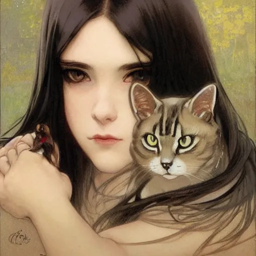 Prompt: emo girl and her cat, with long dark hair, thick eyebrows!!! deep dark big eyes and dark circles!, wide nose!!!, oval face shape, big cheeks!, by greg rutkowski and alphonse mucha, trending on pixiv