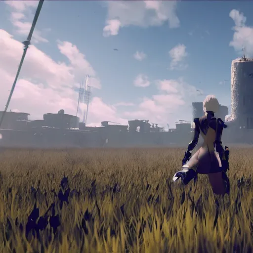 Prompt: a screenshot from nier : automata, with 9 s android fighting a t 3 4 tank in yellow rye field under pure blue skies