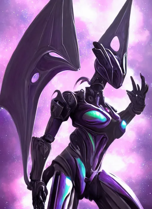 Image similar to cinematic bust shot, cosmic sized proportional stunning beautiful hot female warframe, detailed robot mecha female dragon head, metal ears purple eyes, sleek silver armor, fuschia skin, floating in empty space, nebula sized, posing elegantly, epic proportions, epic size, epic scale, furry art, dragon art, giantess art, warframe fanart, furaffinity, deviantart