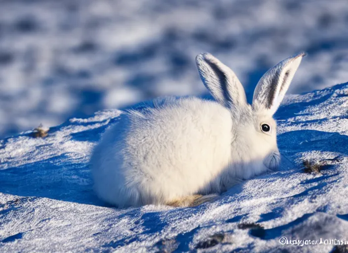 Prompt: photograph of a arctic hare on a mountain, winter, landscape photography, award winning, canon, sony, nikon, 4 k, hd