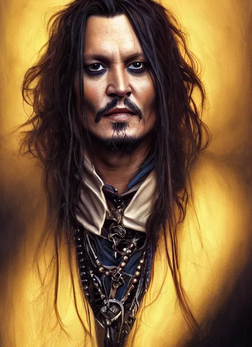 Image similar to Portrait of Johnny Depp, cloak, male, fantasy, extremely detailed, digital painting, artstation, concept art, smooth, sharp focus, illustration, stunning lighting, art by artgerm and greg rutkowski and alphonse mucha and simon stalenhag, realistic character concept, high fantasy, dark atmosphere, golden ratio, cinematic lighting, hyperdetailed, high resolution, insanely detailed and intricate, artstation, Marc Simonetti, Greg Rutkowski, 8k