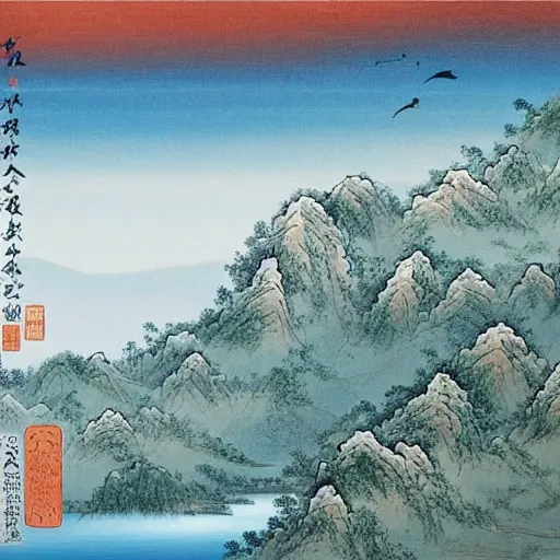 Prompt: overlooking of a beautiful mountain landscape with detailed painting of dark rocks,peaks and cliffs,green trees and scattered red,orange or white small flowers seen from distance The river is full of clear blue crystal water under a cloudless blue sky 千里江山图,masterpiece of traditional Chinese painting; Qian Li Jiang Shan Tu;A Thousand Li of Rivers and Mountains by Wang Ximeng,bright illuminated,Vintage Mood Effect,Terragen, photography,landscape 清明上河图,Qingming Shanghe Tu (Ascending the River at Qingming Festival) by Zhang Zeduan,a scene in the Northern Song dynasty's Eastern Capital, Kaifeng,;overview of a street full of people with a bridge over a river and boats beautiful, colorful,telephoto lens;figurativism,by Craig Potton; Ferdinand Knab;John Atkinson Grimshaw;James Gurney bright illuminated,Vintage Mood Effect,Terragen, photography,landscape