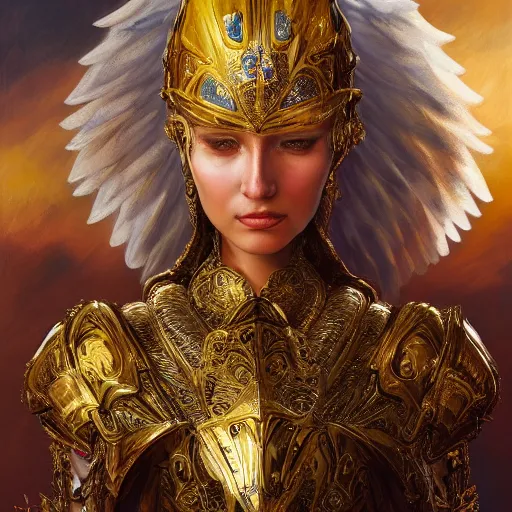 Image similar to a beautiful angel with a golden helmet wearing a silver armor with golden ornaments and diamonds jewelry, wings by alex gray and android jones, karol bak, ayami kojima, amano, concept art, character design, fantasy, 3 d, 8 k resolution