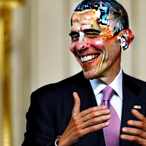 Image similar to obama smiling while peeling his own skin off