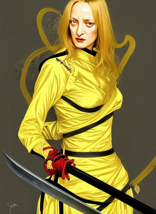 Image similar to uma thurman in kill bill, sword warrior, rococo and art nouveau fusion, swinging reflective katana, yellow jumpsuit with black stripe, highly detailed, deep focus, elegant, digital painting, smooth, sharp focus, illustration, ultra realistic, japanese art by artgerm and alphonse mucha