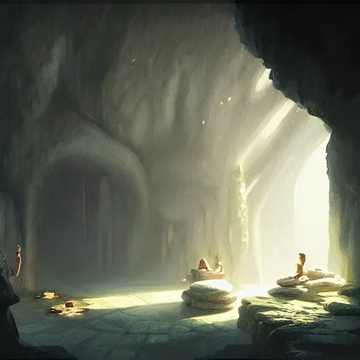 Prompt: cozy, empty bathhouse hidden in a cave, candlelight, towels, cushions, natural light, lush plants and flowers, elegant, smooth cave rock, fantasy, atmospheric lighting, digital painting, Greg Rutkowski concept art