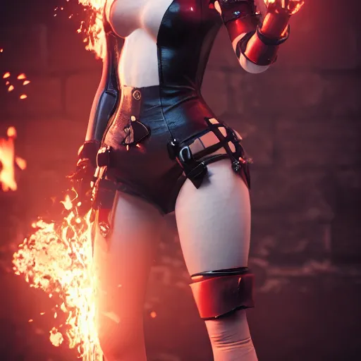 Prompt: photo of Harley Quinn as 2B nier automata, fire in background, bokeh, medium full shot, highly detailed skin and detailed face, artstation, artstation HQ, hd, 4k resolution