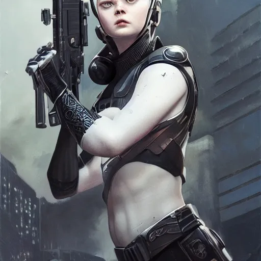 Image similar to portrait of modern darna, elle fanning wearing swat gear in prey, intricate, elegant, dark vibes, highly detailed, digital painting, artstation, glamor pose, concept art, smooth, sharp focus, illustration, art by wlop, mars ravelo and greg rutkowski