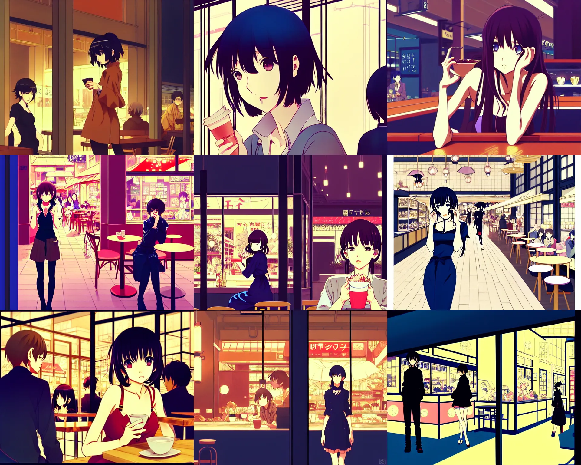 Prompt: anime frames, anime visual, portrait of a young woman visiting a busy cafe interior at night shopping, very low light cute face by ilya kuvshinov and yoh yoshinari, katsura masakazu, mucha, dynamic pose, dynamic perspective, strong silhouette, anime cels, rounded eyes, blue tint, contrasting shadows