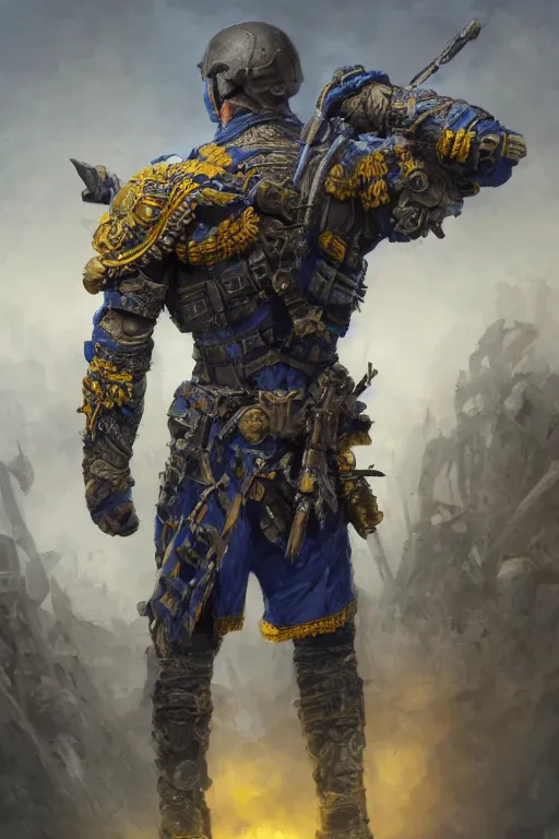 Image similar to a distant shot from behind of a Ukrainian super soldier with blue and yellow flag behind him standing alone on a huge pile of skulls as a winner, masculine muscular figure, D&D, fantasy, intricate, elegant, highly detailed, extremely detailed, rim lighting, octane render, 8k, digital painting, artstation, concept art, matte, sharp focus, symmetrical, illustration, art by Artgerm and Greg Rutkowski and Alphonse Mucha