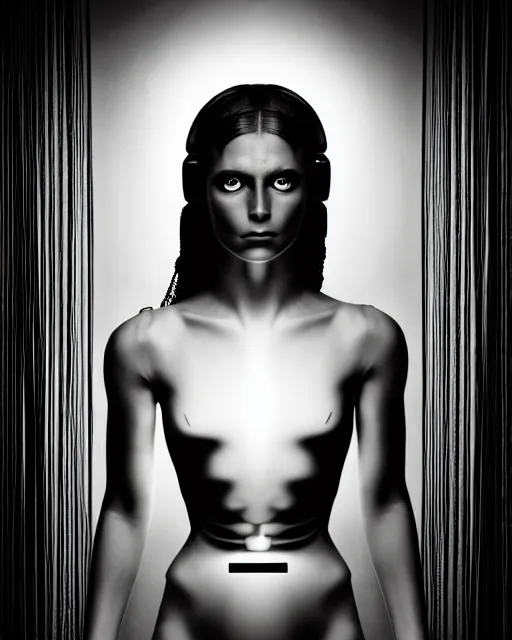 Image similar to black and white artistic photo, young female cyborg - plant goddess, microchip, artificial intelligence, bio - mechanical bio - luminescence, black wired cables, cinematic, rim light, photo - realistic, 8 k, in the style of steven meisel and dora maar and h. g. giger