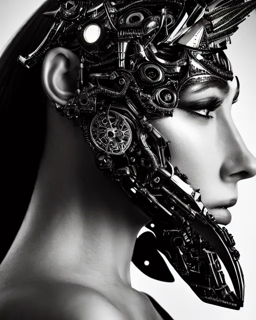 Image similar to a profile portrait, a stunning young woman - cyborg with a mutant crow head, editorial photography, bw, shot on 7 0 mm, depth of field, f / 2. 8, high contrast, 1 6 k, volumetric lighting, shiny, insanely detailed and intricate, hypermaximalist, elegant, ornate, hyper realistic, super detailed