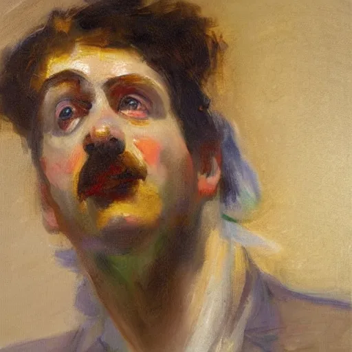 Prompt: detailing character concept portrait of clown by John Singer Sargent, on simple background, oil painting, middle close up composition