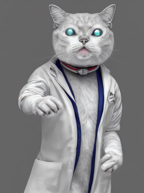 Image similar to a humanoid cat wearing a scientist white coat, digital art, digital painting, masterpiece, anatomically correct, five fingers, cinematic, high coherence, realistic, high quality, highly detailed, 8 k, dramatic lighting, path traced, centered, high definition
