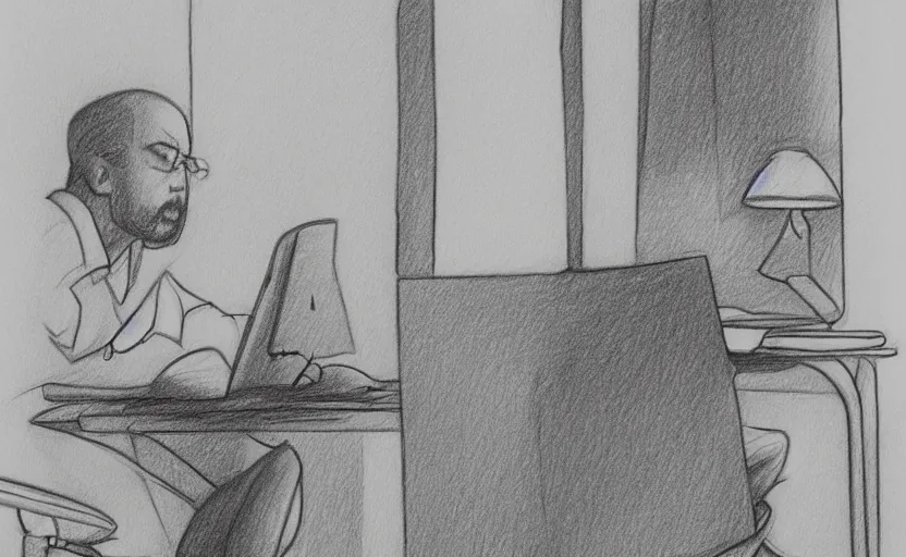 Prompt: angry man working from home at a computer looking out the window pencil sketch, high - detailed, shading