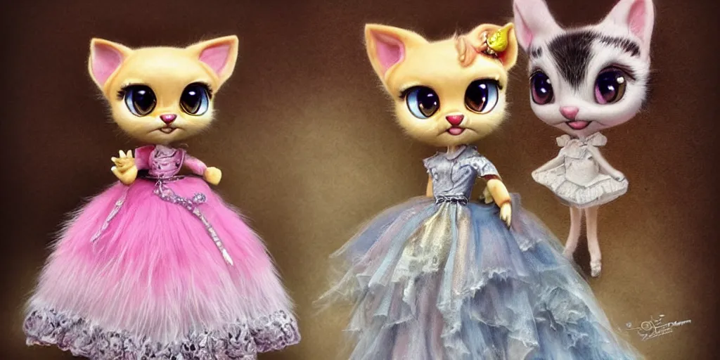 Image similar to 3 d littlest pet shop cat, vintage gothic gown, gumball machine, realistic fur, smiling, lace, master painter and art style of noel coypel, art of emile eisman - semenowsky, art of edouard bisson