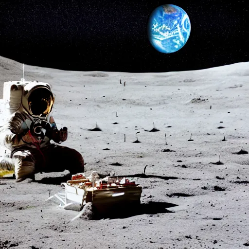 Prompt: professional photo of an astronaut sitting in a beach chair on the moon, holds on to an iphone, smartphones and laptops scattered around the ground, golden ratio, earth rise, technology on the moon