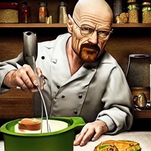 Image similar to Walter White cooking with Shrek, concept art, hyperrealistic, professional photograph