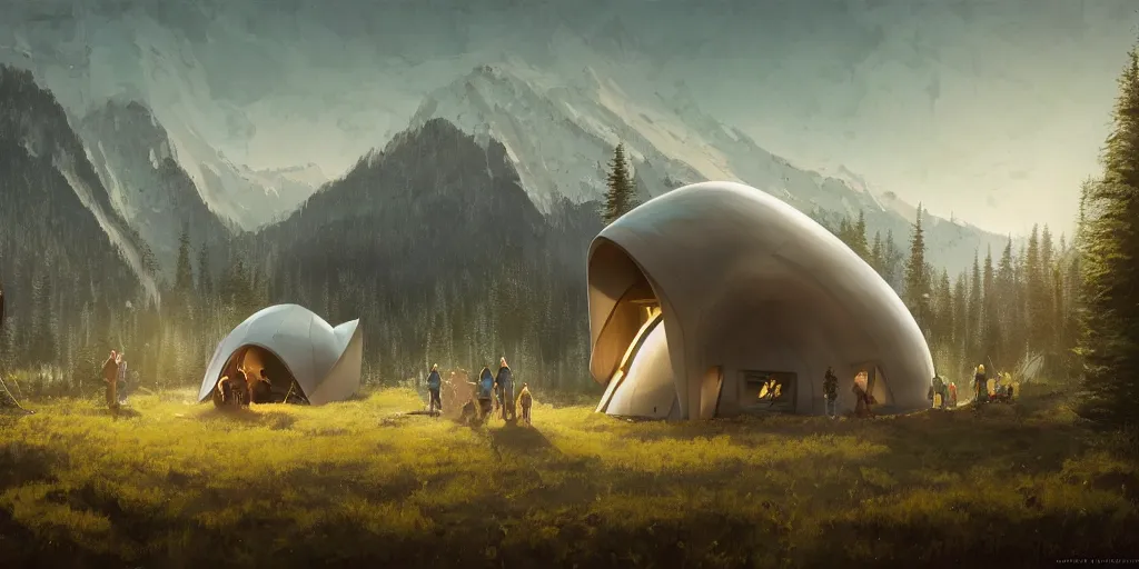 Image similar to cabela's tent futuristic pop up family pod, cabin, modular, person in foreground, mountainous forested wilderness open fields, beautiful views, painterly concept art, joanna gaines, environmental concept art, farmhouse, magnolia, concept art illustration by ross tran, by james gurney, by craig mullins, by greg rutkowski trending on artstation