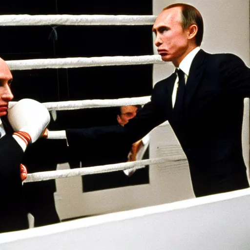 Image similar to Emmanuel Macron boxing Vladimir Putin in American Psycho (1999)