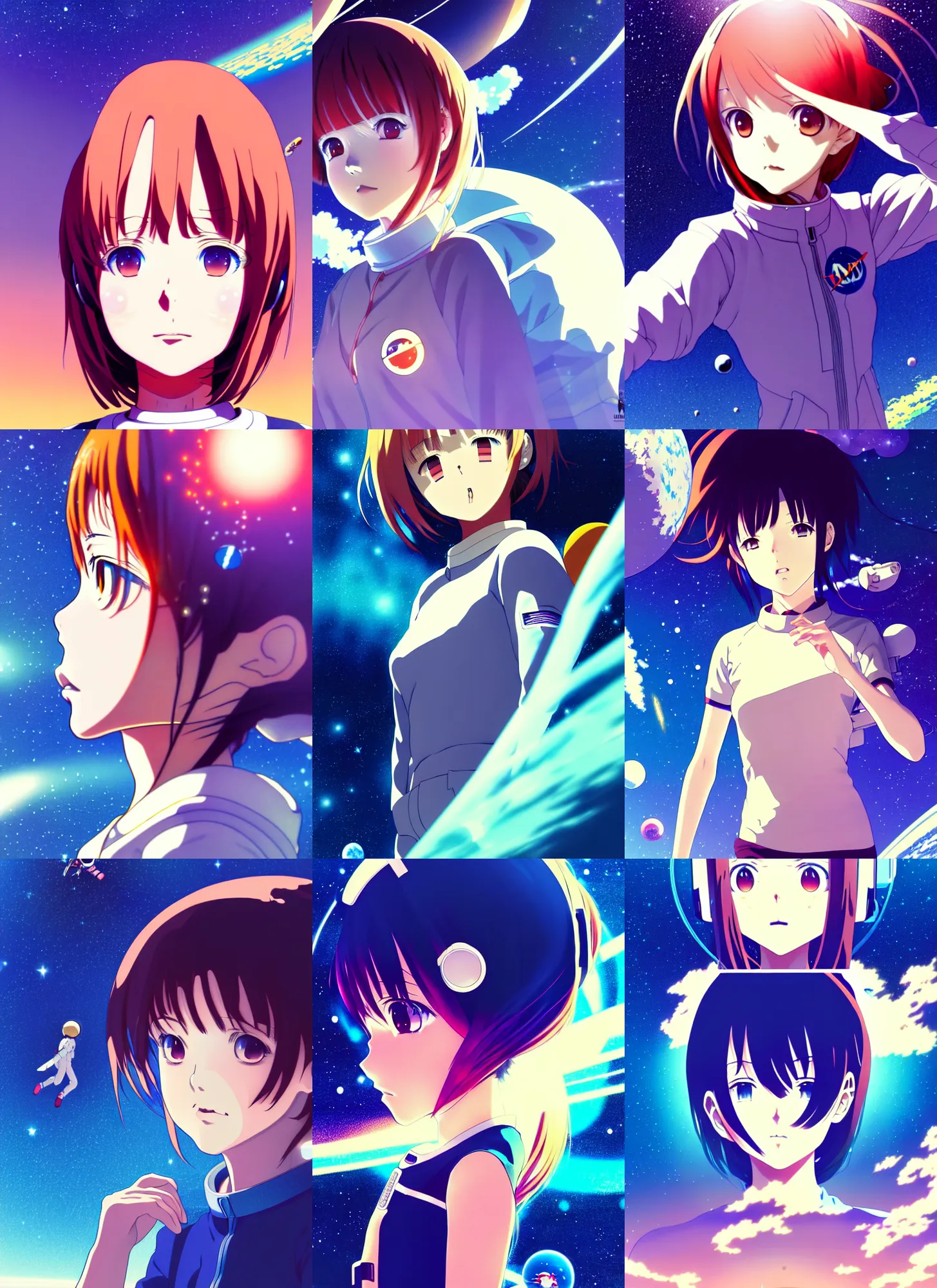 Prompt: anime frames, anime visual, portrait of a young astronaut girl floating outside in space, very low light beautiful face by ilya kuvshinov and yoh yoshinari, katsura masakazu, mucha, dynamic pose, dynamic perspective, strong silhouette, anime cels, rounded eyes, blue tint, contrasting shadows, nebula