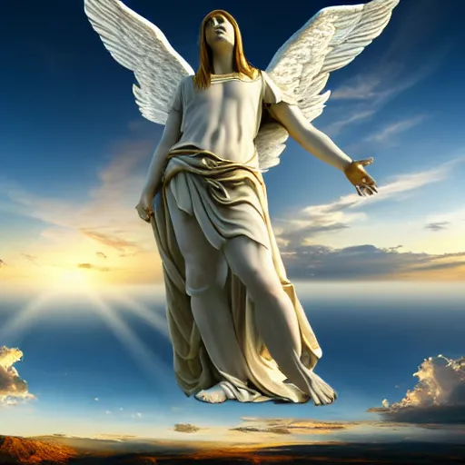 Prompt: gigantic biblical depiction of an angel towering over a vast landscape, cinematic, realistic, geometric white marble body, photorealistic, detailed, gold sky, global illumination, volumetric lighting, god rays, beautiful composition, majestic clouds, soft colors, heavenly lighting