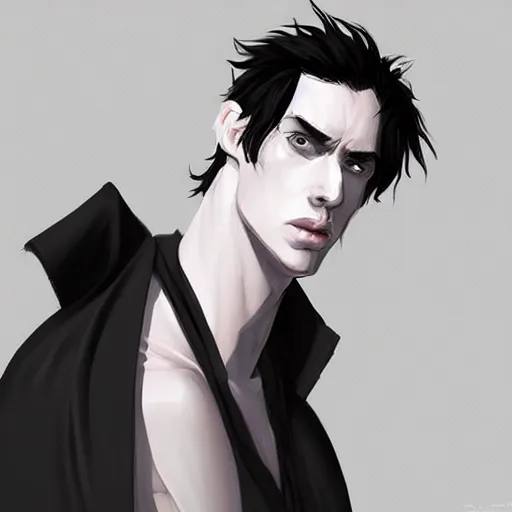 Image similar to “ a tall skinny man with messy black hair, white skin, and fully black eyes, wearing a long black robe, holding one finger to his lips high definition artwork trending on artstation ”