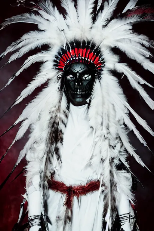 Image similar to the ghost - spirit of the grim - warpaint wears the scarlet skull armor and native blood headdress feathers, midnight fog - mist!, cinematic lighting, various refining methods, micro macro autofocus, ultra definition, award winning photo