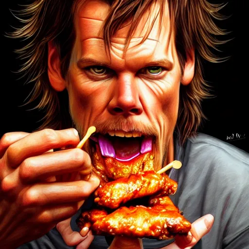 Image similar to Portrait of Kevin Bacon eating hot wings, fantasy, D&D, intricate, highly detailed, digital painting, trending on artstation, sharp focus, illustration, style of Stanley Artgerm