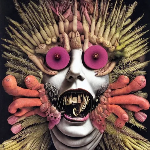 Image similar to post - punk new age album cover, asymmetrical design, anti capitalism, magic, apocalypse, psychedelic, black white pink, magic, giger h. r., giuseppe arcimboldo