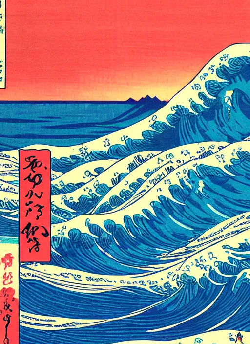 Prompt: a painting of waves in the ocean with mountains in the background, a woodcut by utagawa hiroshige ii, pixiv, ukiyoe, ukiyoe, vaporwave, woodcut