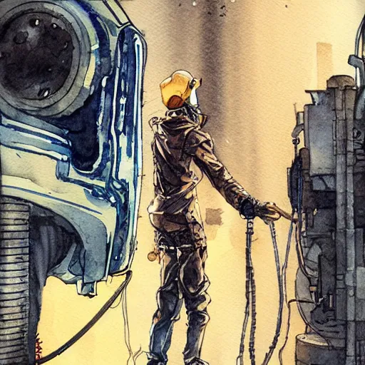 Image similar to watercolor of a cyberpunk mechanic in the style of Ashley Wood and Moebius