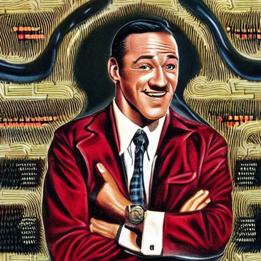 Prompt: beautiful lifelike painting of gene kelly demanding a refund on undercooked overpriced dinosaur steak in downtown dive bar bistro, hyperreal detailed facial features and uv lighting, ascii art by ed roth and basil wolverton